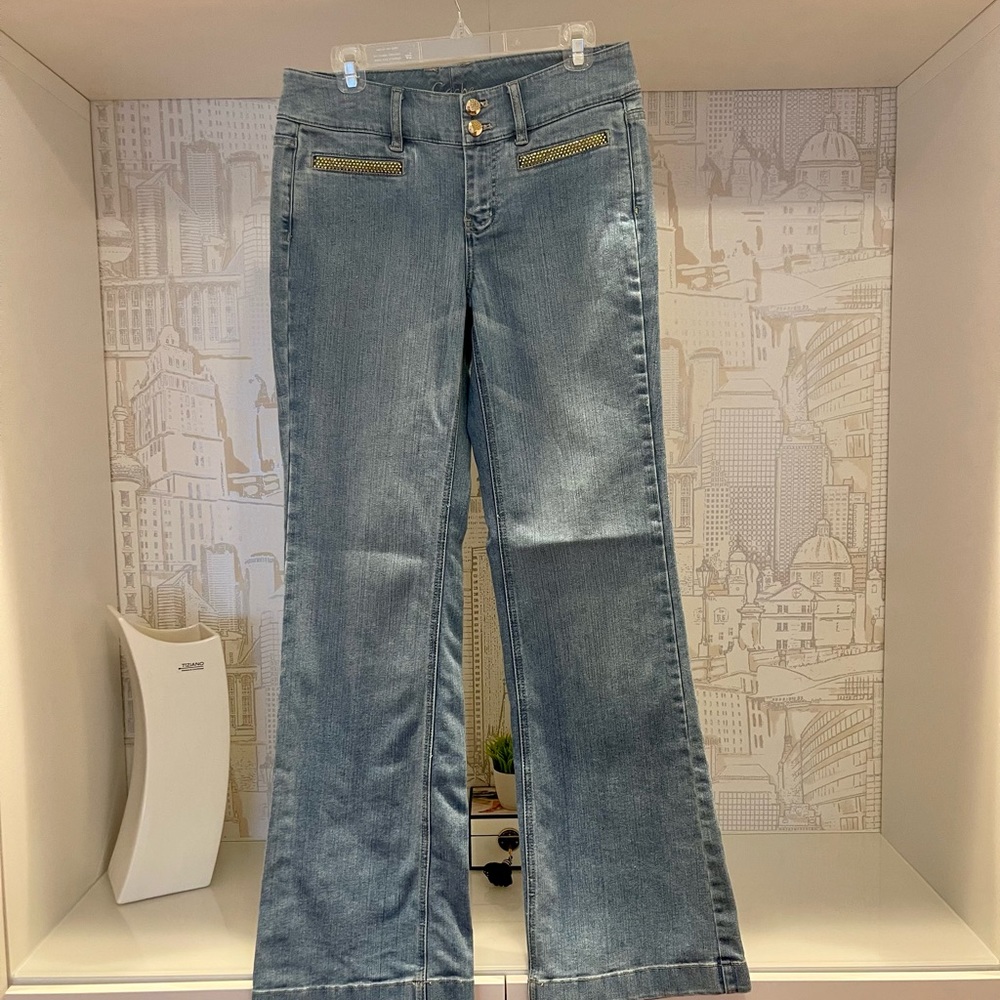 Cache Jeans Pants Medium Blue Wash Denim With Gold Embellishments - Size 6